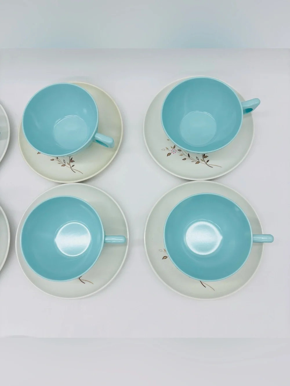 Vintage Lenox Ware Aqua Melamine Tea Cup Saucer Set 8 Floral Mid Century MCM USA